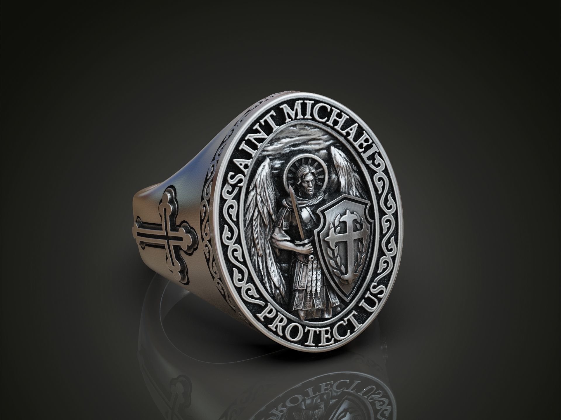 Saint Michael bas relief statement ring 3D print model_3