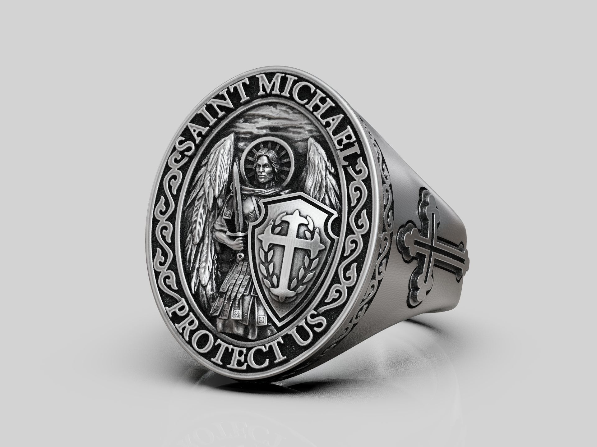 Saint Michael bas relief statement ring 3D print model_6