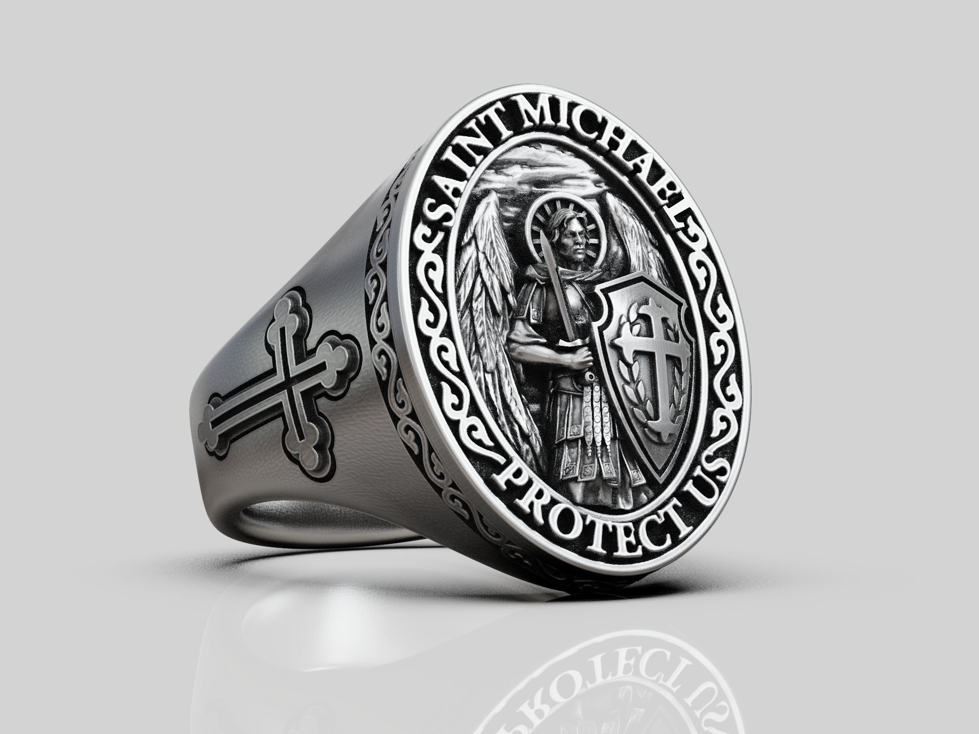 Saint Michael bas relief statement ring 3D print model_4