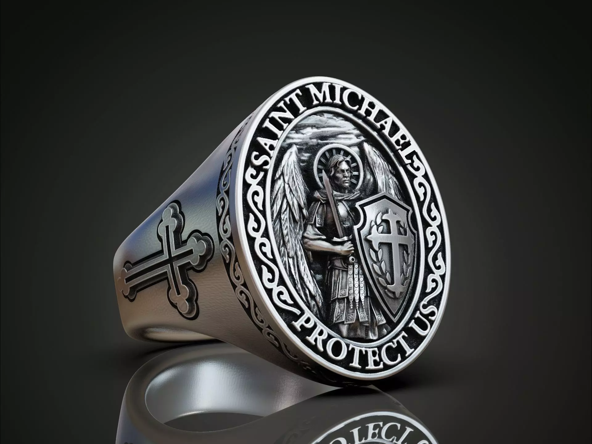 Saint Michael bas relief statement ring 3D print model_0