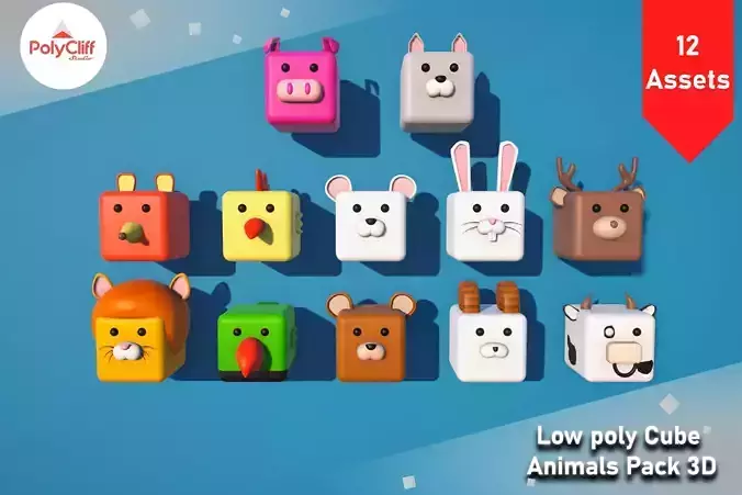 Low Poly Cube Animals Pack 3D