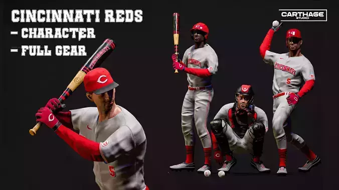Cincinnati Reds Character And Essential Baseball Equipment Low-poly 3D model