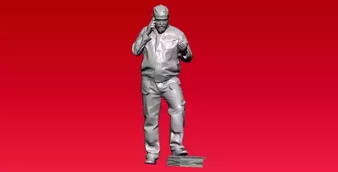 Bald worker-in-overalls talking on the phone - 3D print