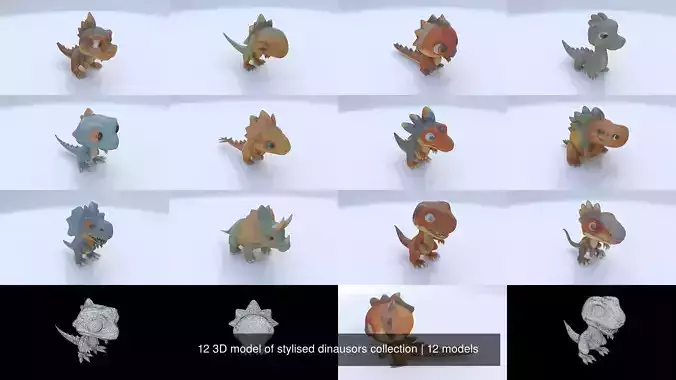 12 3D model of stylised dinausors collection 