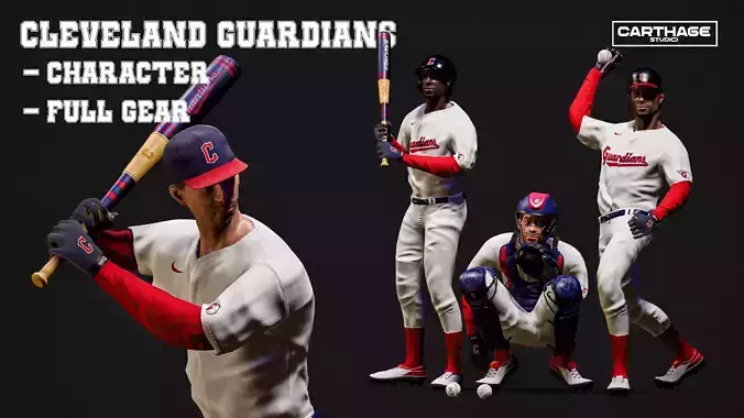 Cleveland Guardians Character And Essential Baseball Equipment Low-poly 3D model
