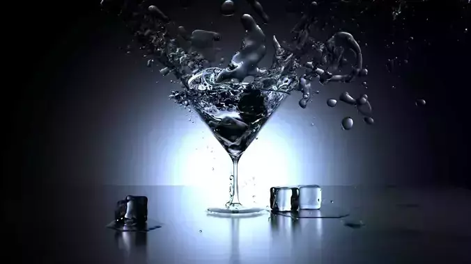 Glass and water and ice on black lighting background