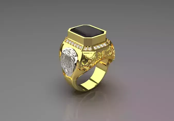 Man two-tone gold lion design STL ring mr0093