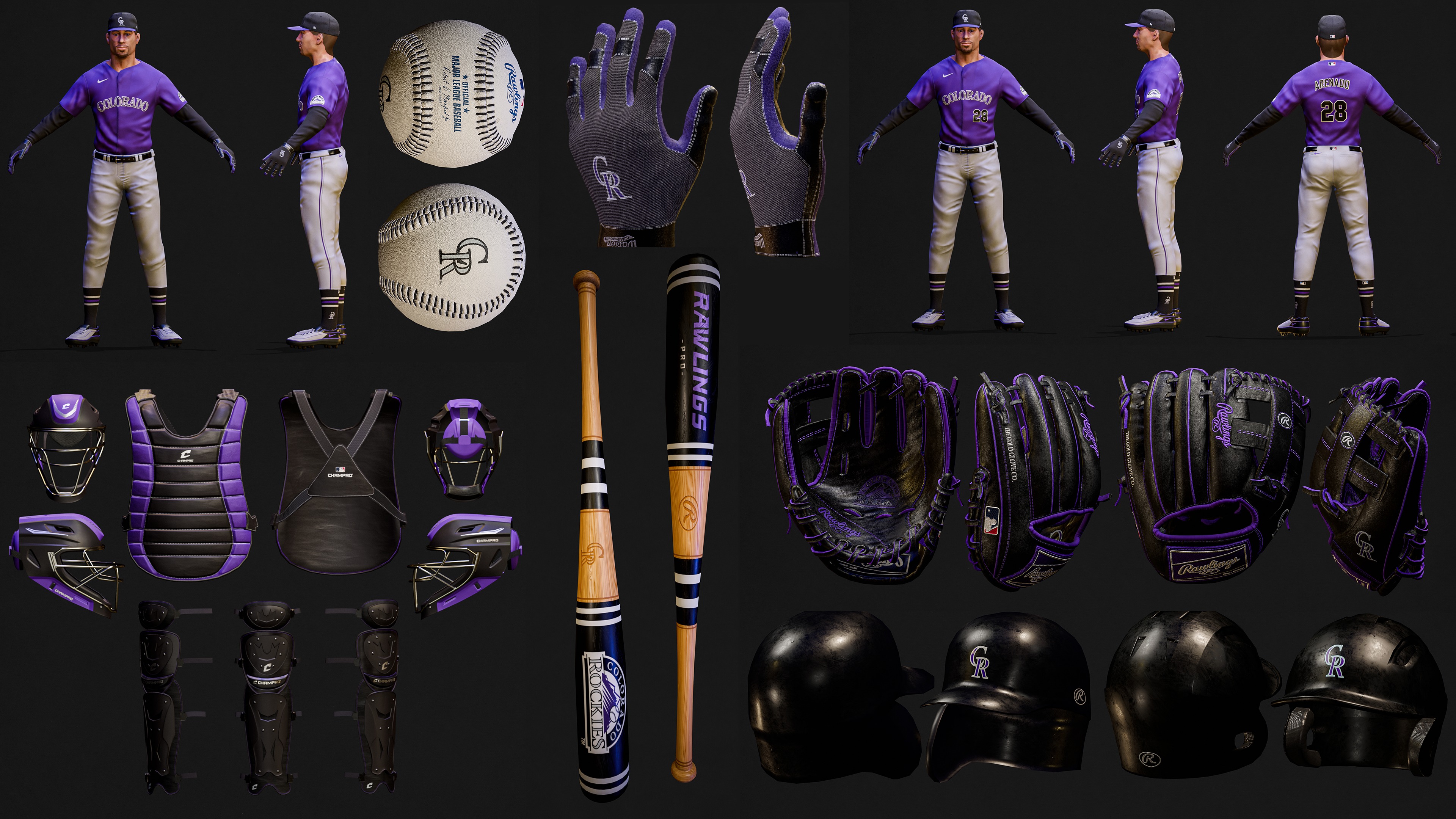 Colorado Rockies Character And Essential Baseball Equipment Low-poly 3D model_2