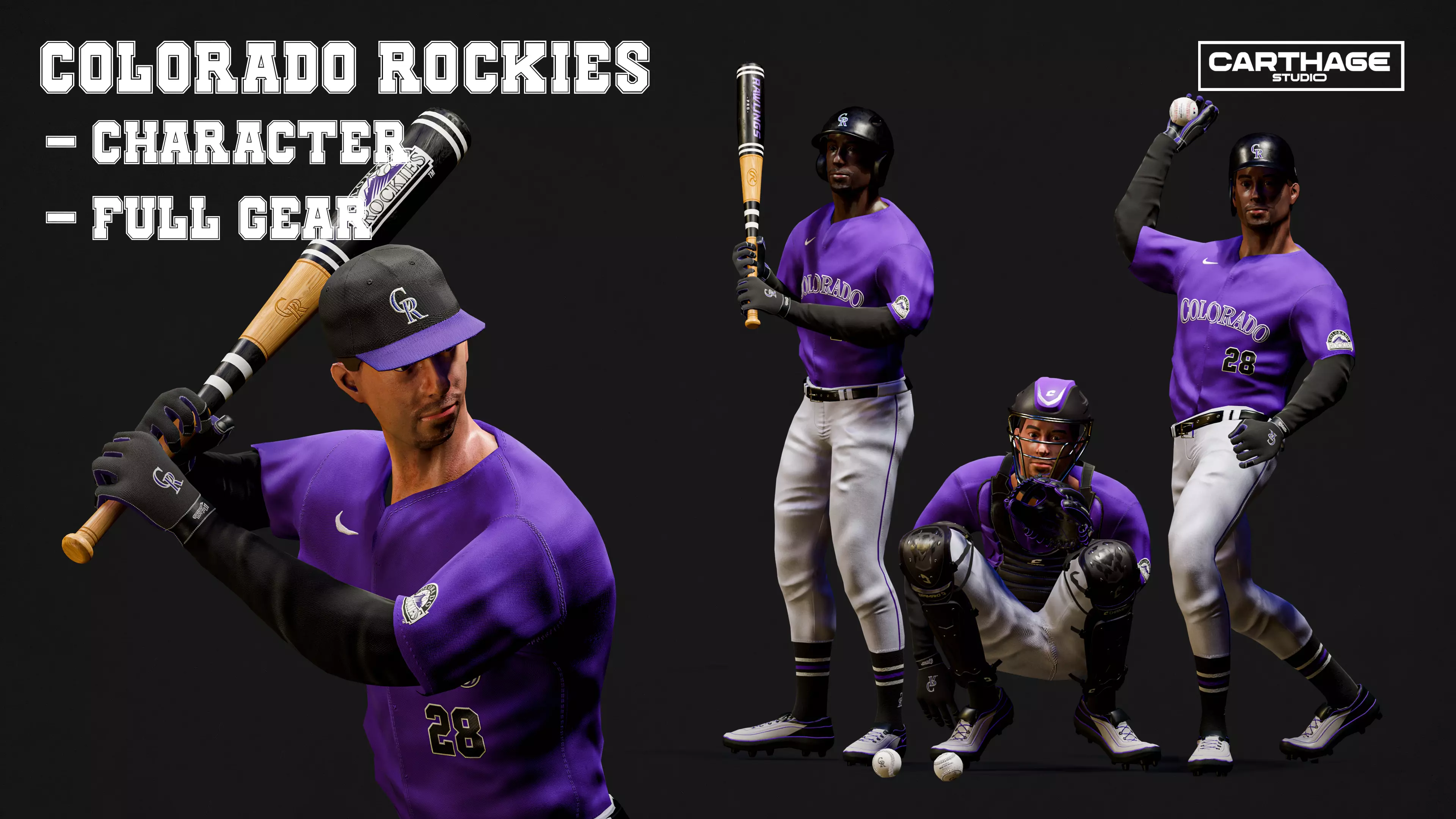Colorado Rockies Character And Essential Baseball Equipment Low-poly 3D model_0