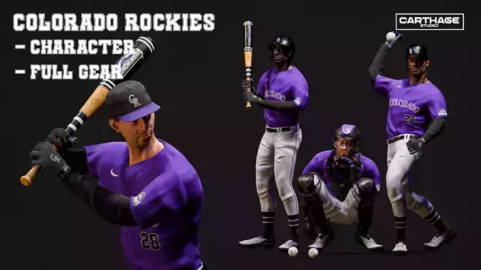 Colorado Rockies Character And Essential Baseball Equipment Low-poly 3D model