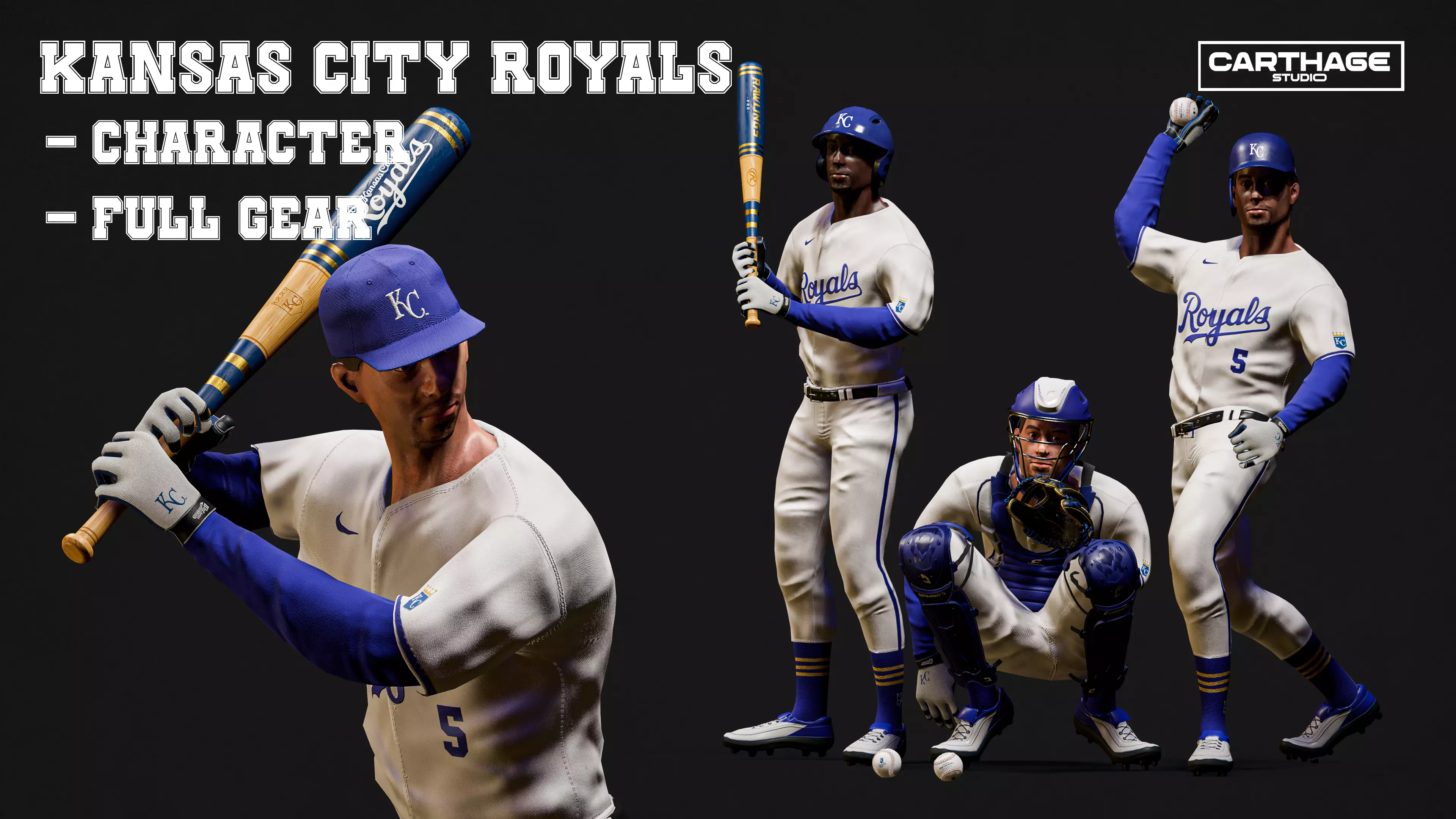 Kansas City Royals Character And Essential Baseball Equipment Low-poly 3D model_0
