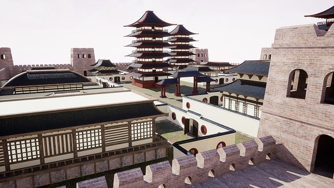 Asian medieval buildings Low-poly 3D model