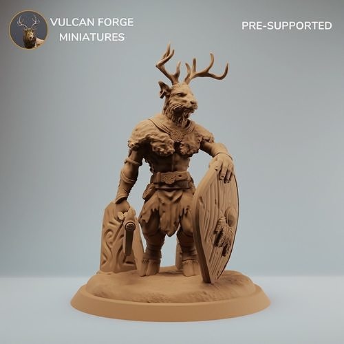 Deerfolk Cervan Deer Warrior with axe and shield - pre supported 3D print model
