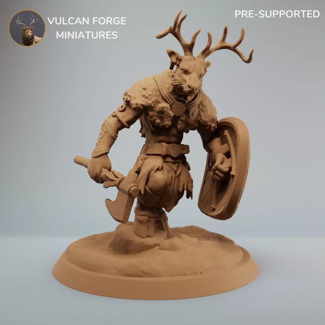 Deerfolk Cervan Deer Warrior with axe and shield - pre supported 3D print model