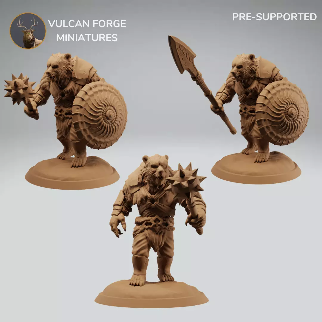 Werebear bear fighters with mace and spear pre supported 3D print model_0