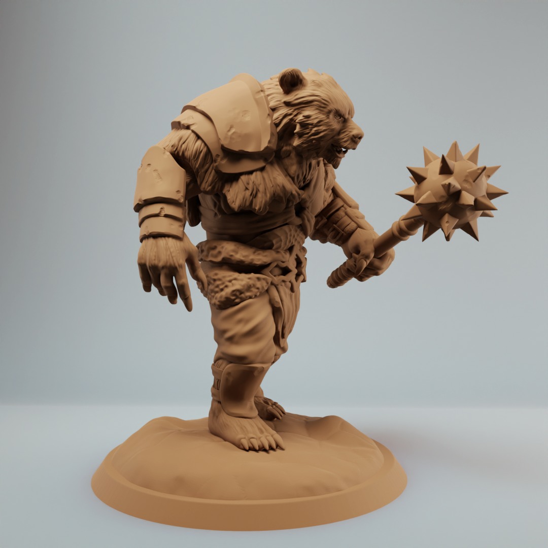 Werebear bear fighters with mace and spear pre supported 3D print model_2