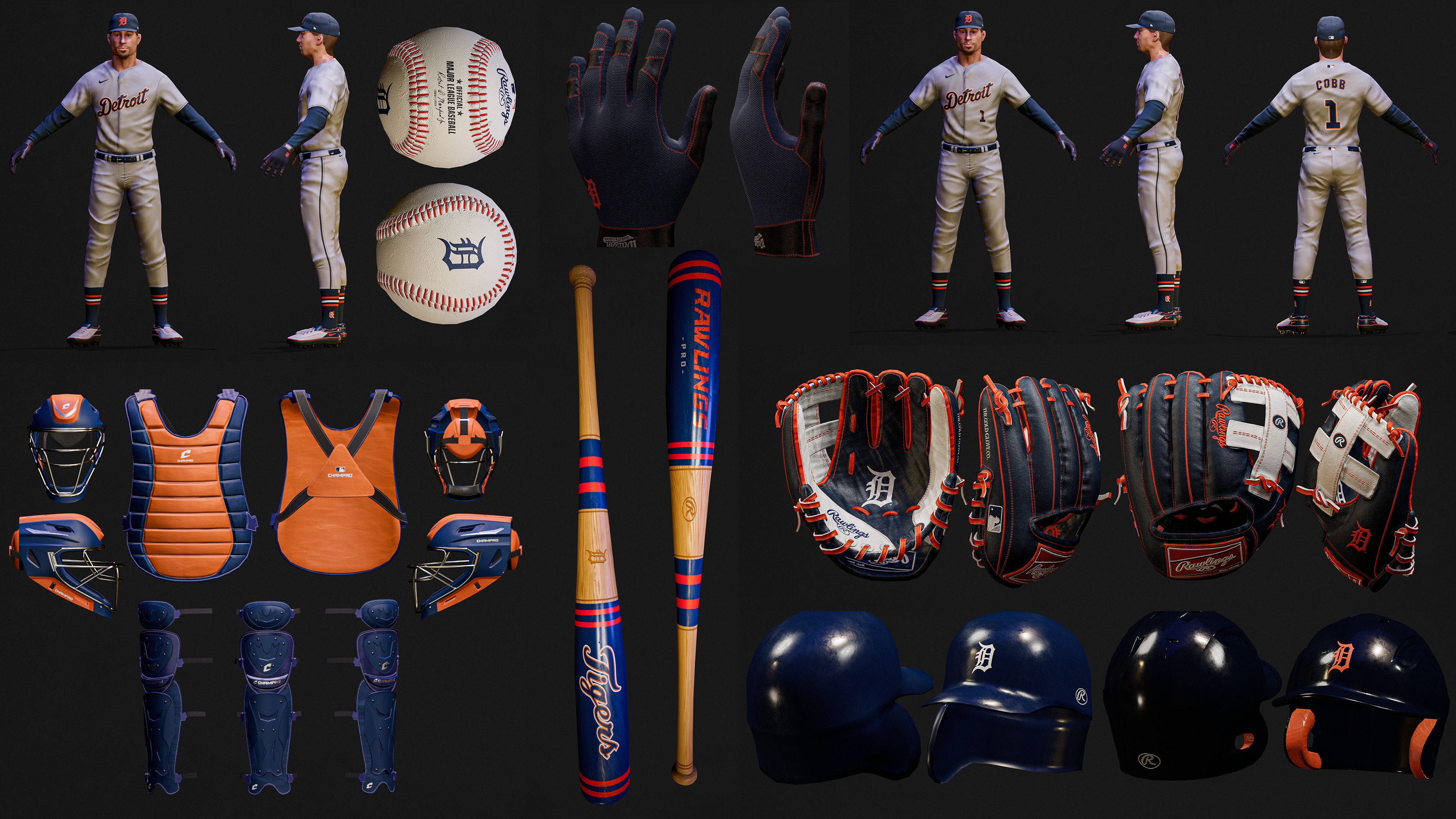 Detroit Tigers Character And Essential Baseball Equipment Low-poly 3D model_2