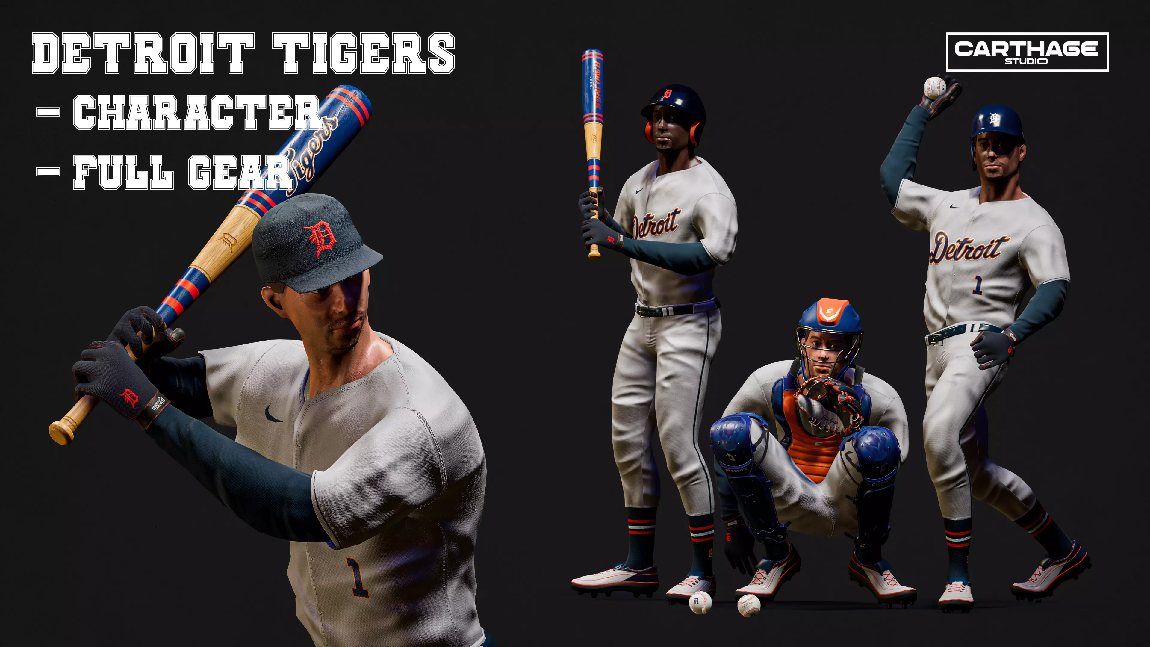 Detroit Tigers Character And Essential Baseball Equipment Low-poly 3D model_0