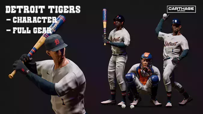 Detroit Tigers Character And Essential Baseball Equipment Low-poly 3D model
