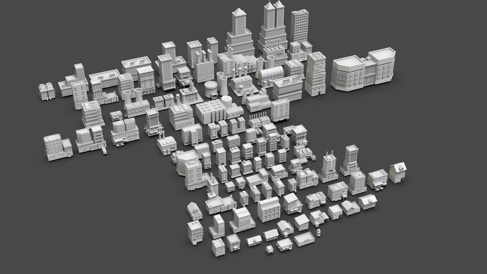 Low Poly City Buildings Pack Of 110 - Game Ready - Untextured  3D model_2