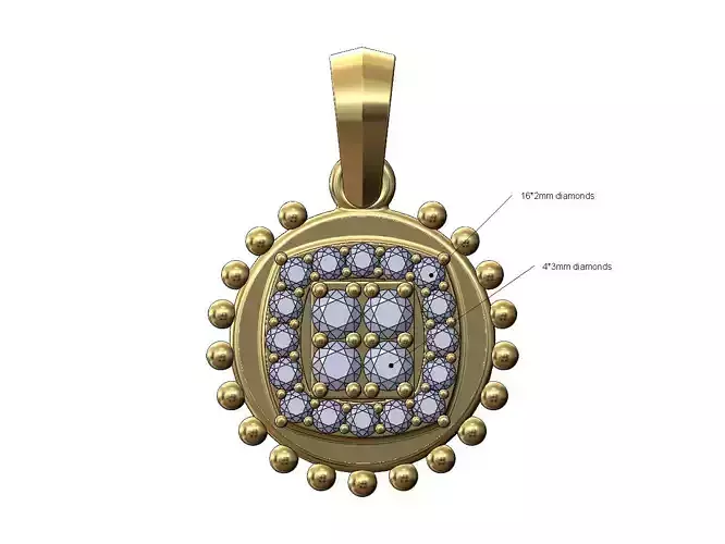 Beaded coin diamond square cluster pendant with bail