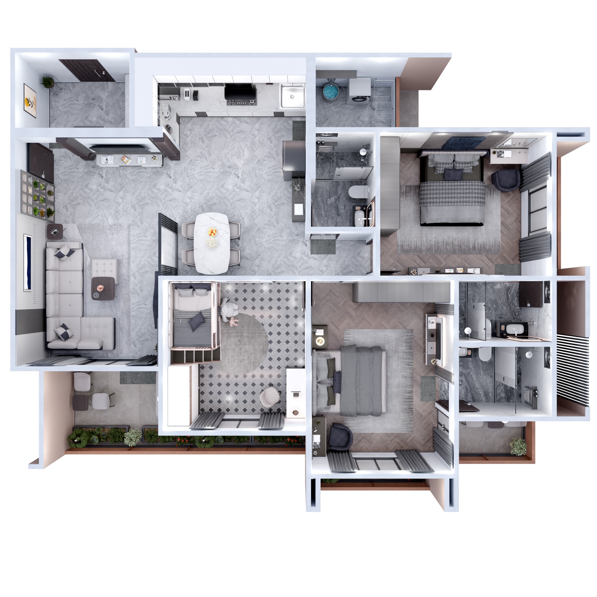 3 BHK Apartment Interior with Assets DS2 Low-poly 3D model_1