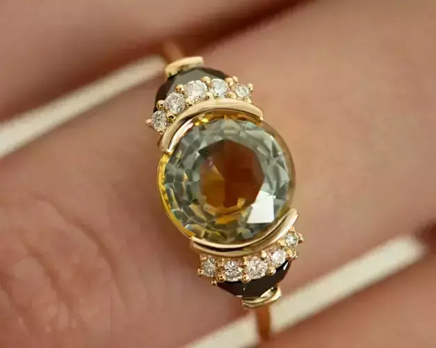 Round Sapphire with Half Moon Diamond Engagement Ring 