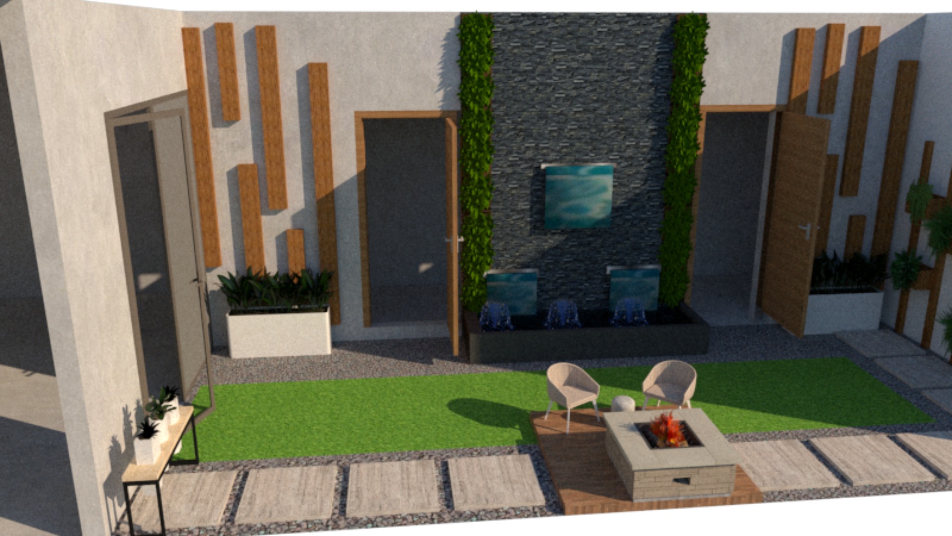 Sit-Out Area with Waterfall  Landscape Design 3D model_1
