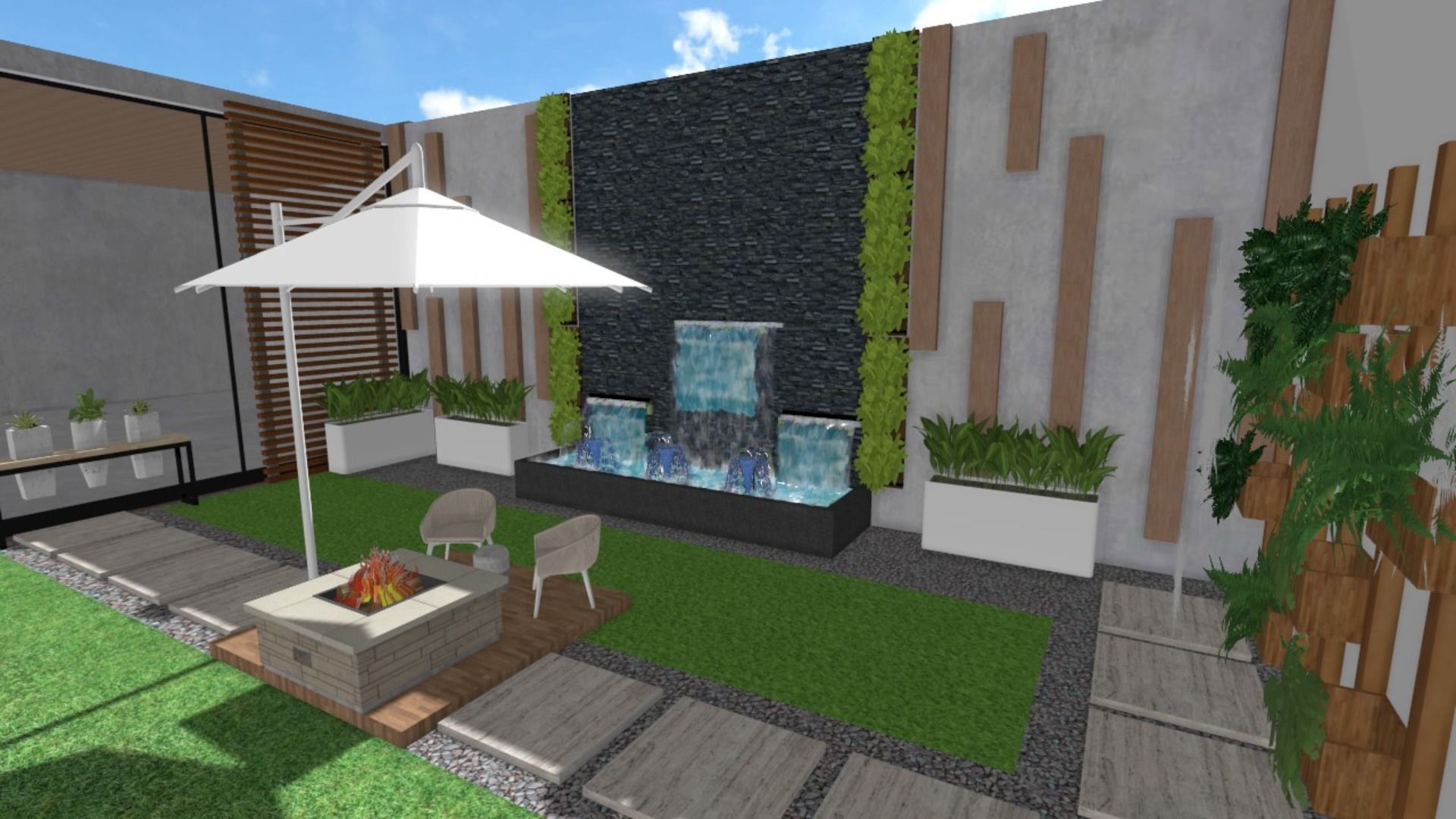 Sit-Out Area with Waterfall  Landscape Design 3D model_5