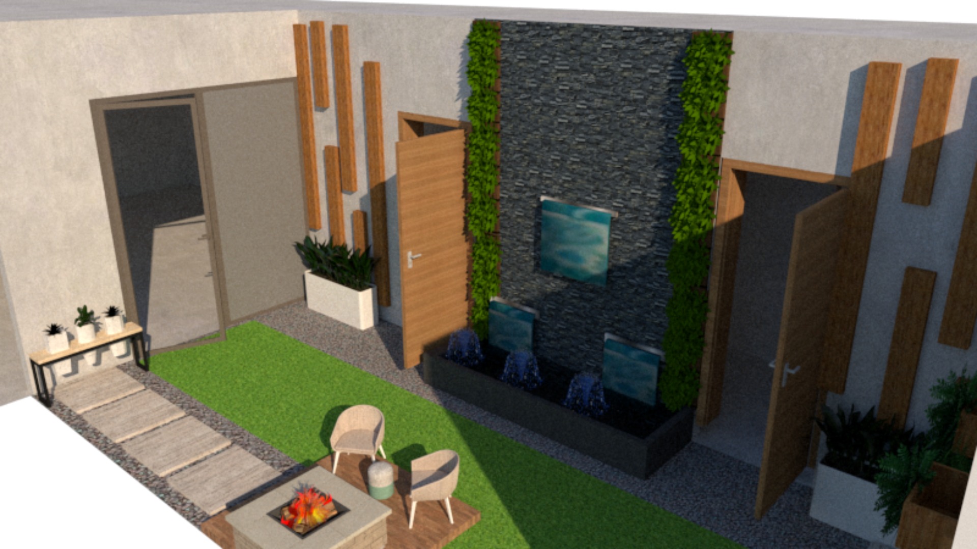Sit-Out Area with Waterfall  Landscape Design 3D model_4