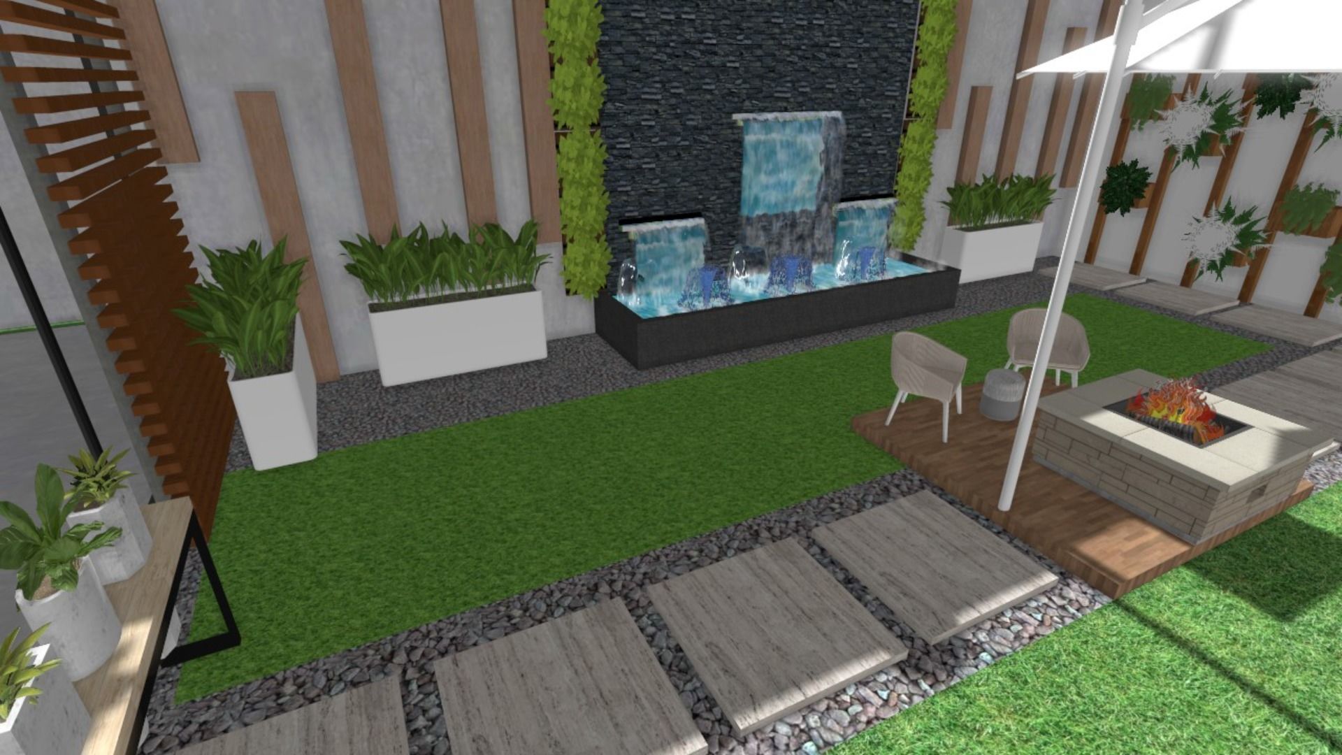Sit-Out Area with Waterfall  Landscape Design 3D model_3