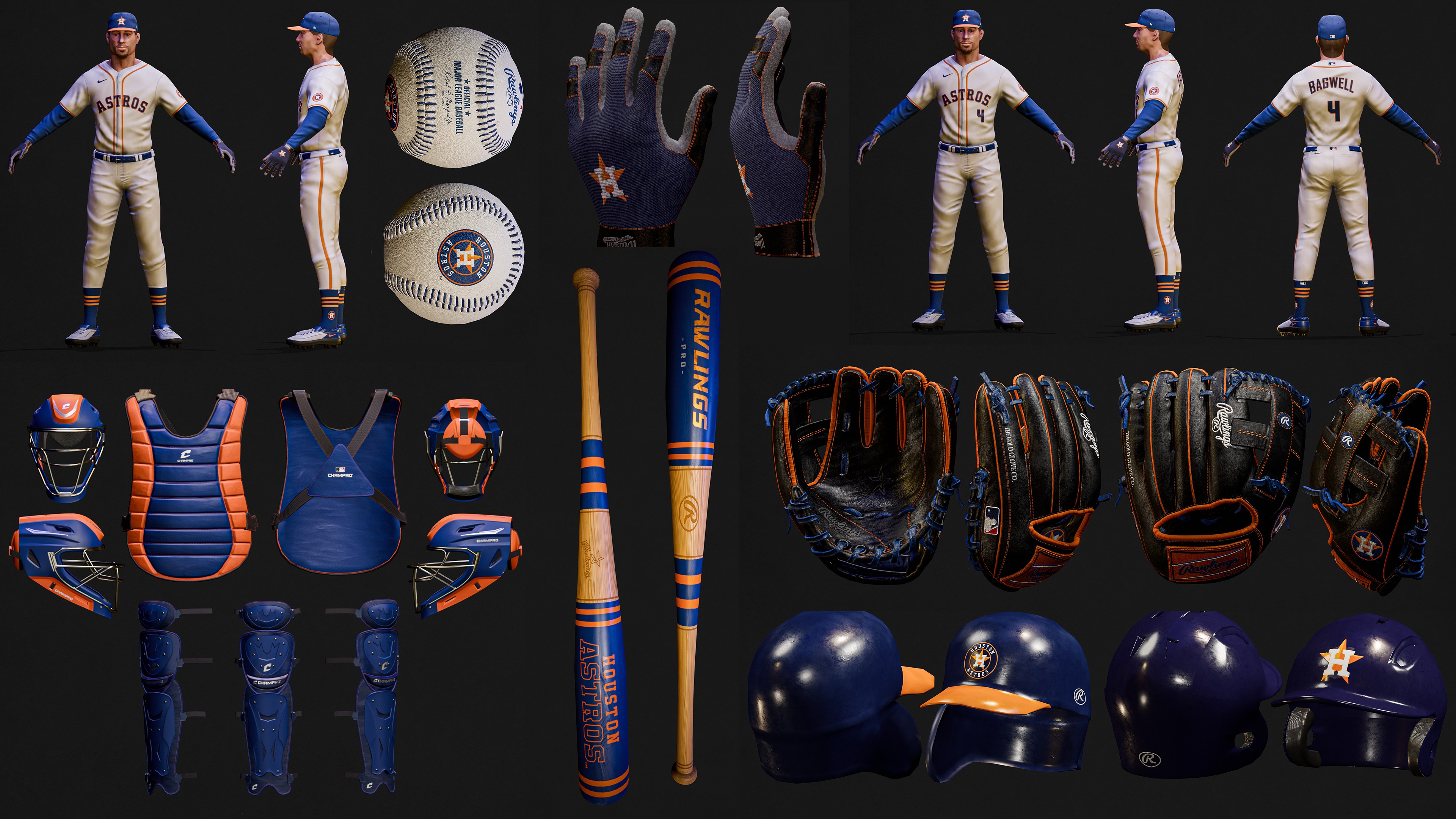 Houston Astros Character And Essential Baseball Equipment Low-poly 3D model_2