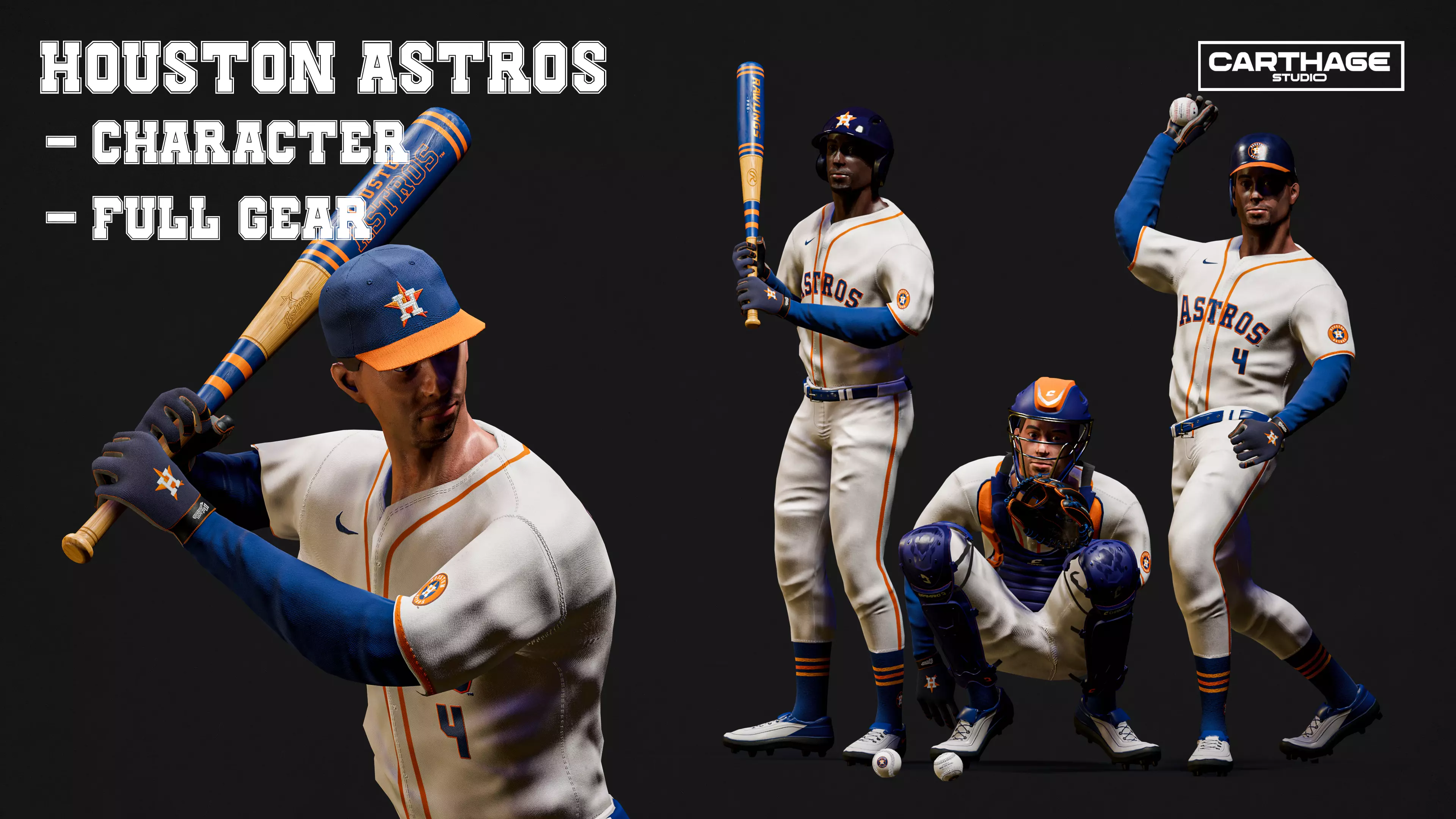 Houston Astros Character And Essential Baseball Equipment Low-poly 3D model_0