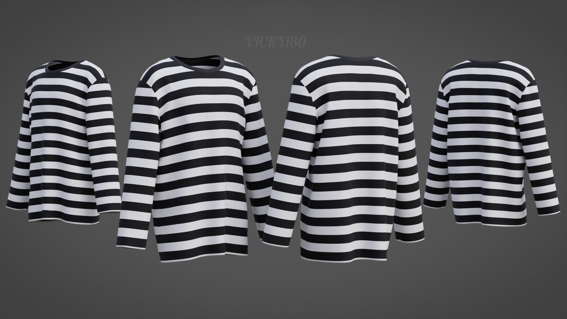 Male Oversized Harajuku Tee Shirt - Long-sleeved Stripes T-Shirt Low-poly 3D model_5