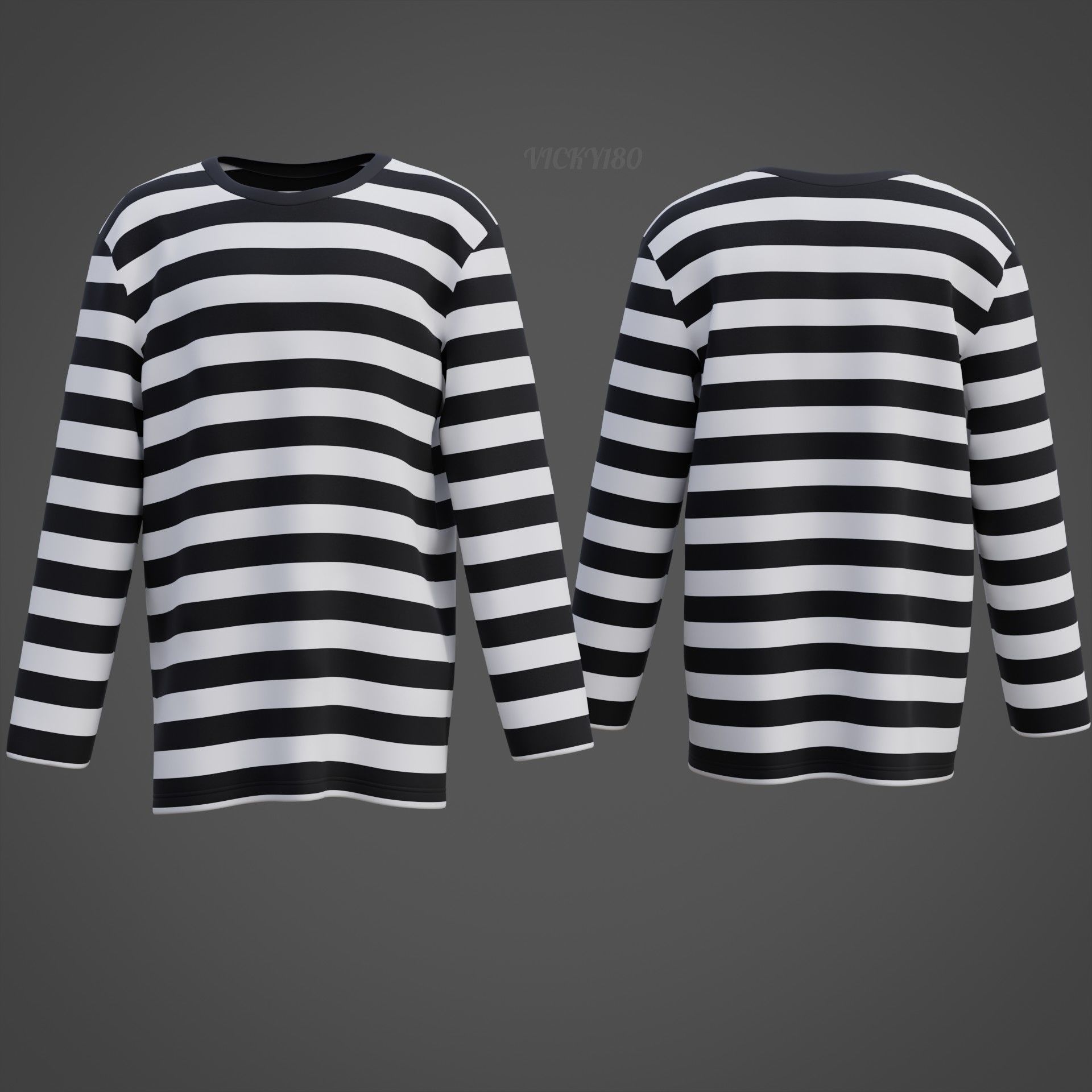Male Oversized Harajuku Tee Shirt - Long-sleeved Stripes T-Shirt Low-poly 3D model_6