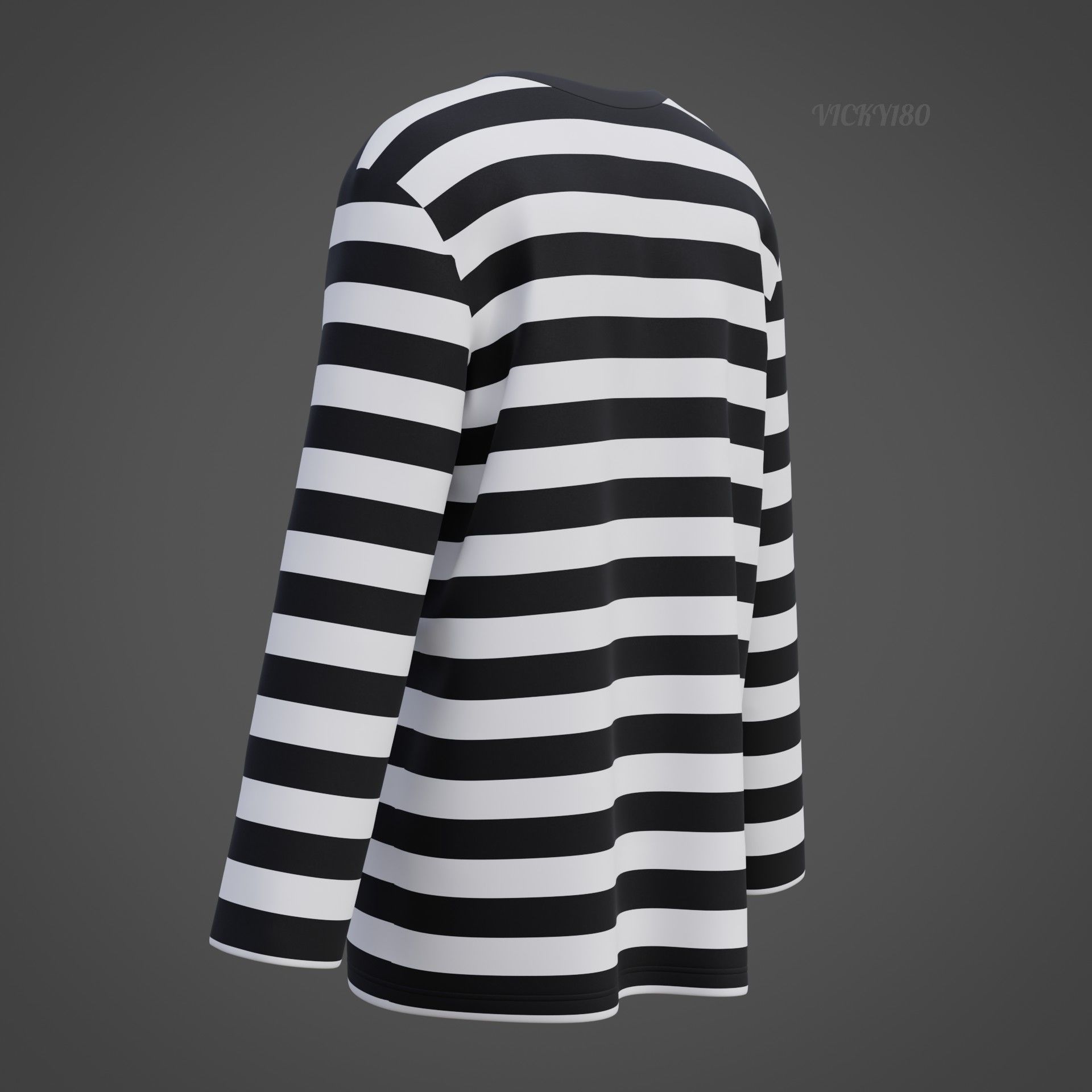 Male Oversized Harajuku Tee Shirt - Long-sleeved Stripes T-Shirt Low-poly 3D model_28