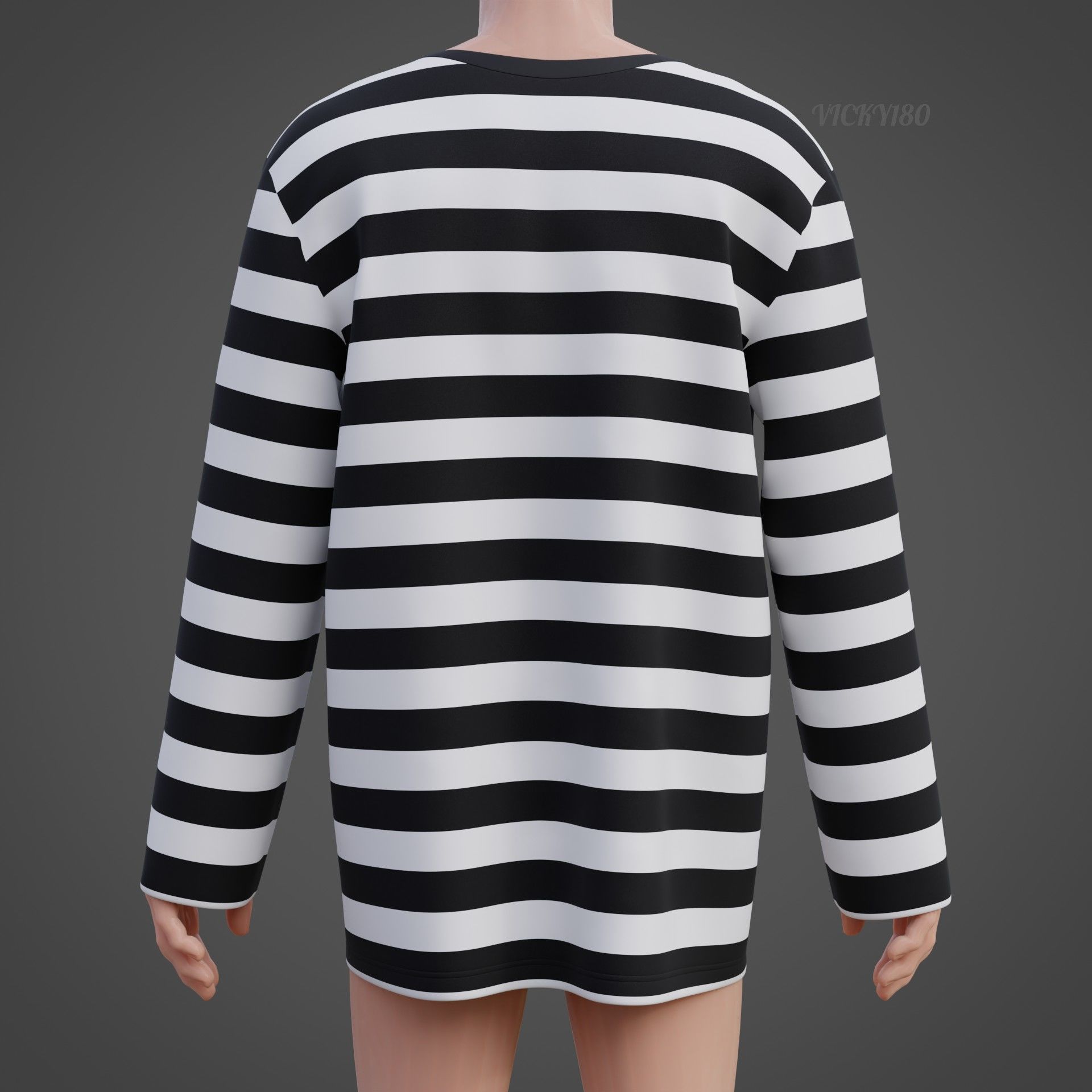 Male Oversized Harajuku Tee Shirt - Long-sleeved Stripes T-Shirt Low-poly 3D model_16