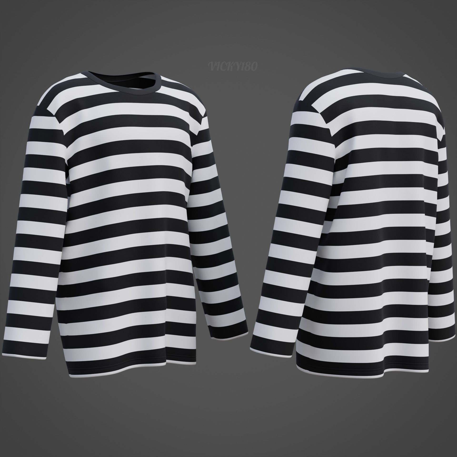 Male Oversized Harajuku Tee Shirt - Long-sleeved Stripes T-Shirt Low-poly 3D model_14