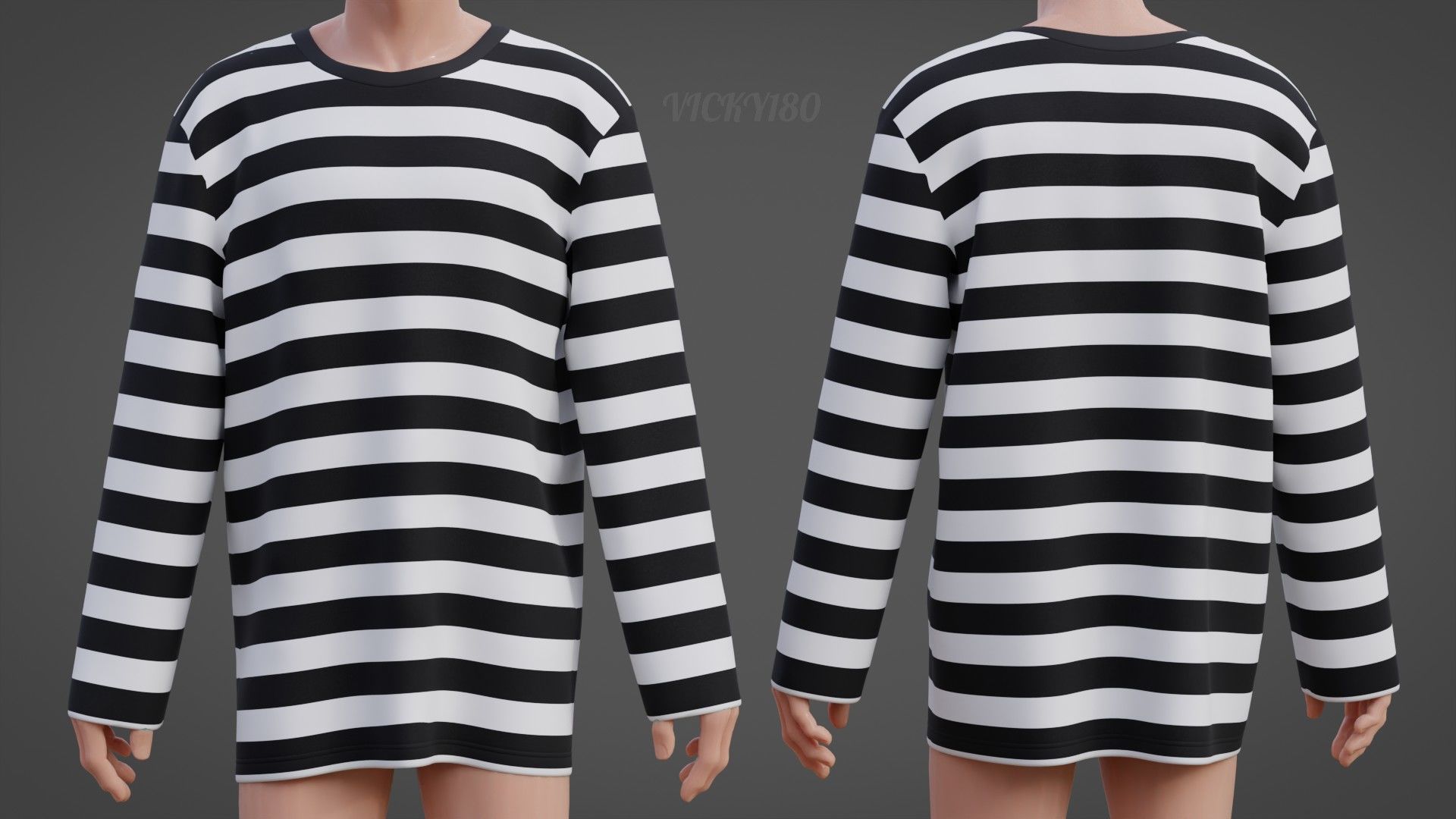 Male Oversized Harajuku Tee Shirt - Long-sleeved Stripes T-Shirt Low-poly 3D model_1