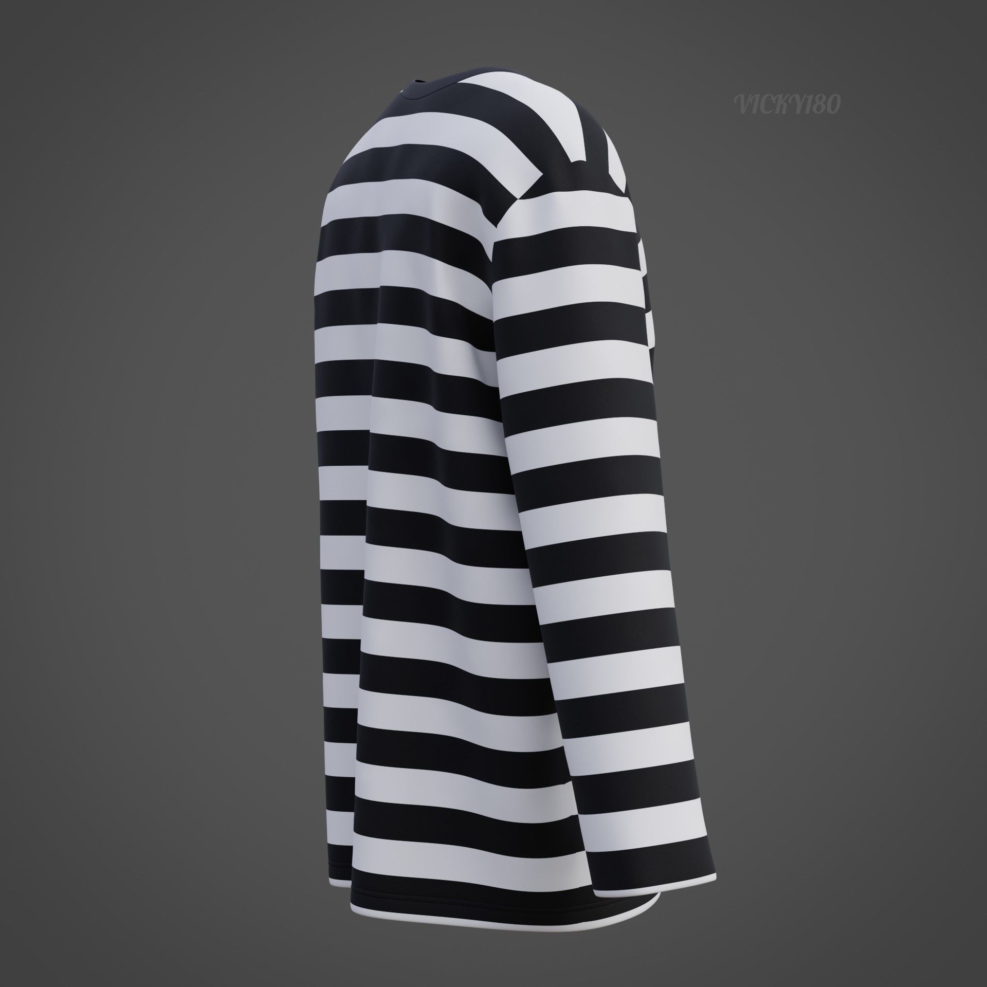 Male Oversized Harajuku Tee Shirt - Long-sleeved Stripes T-Shirt Low-poly 3D model_25