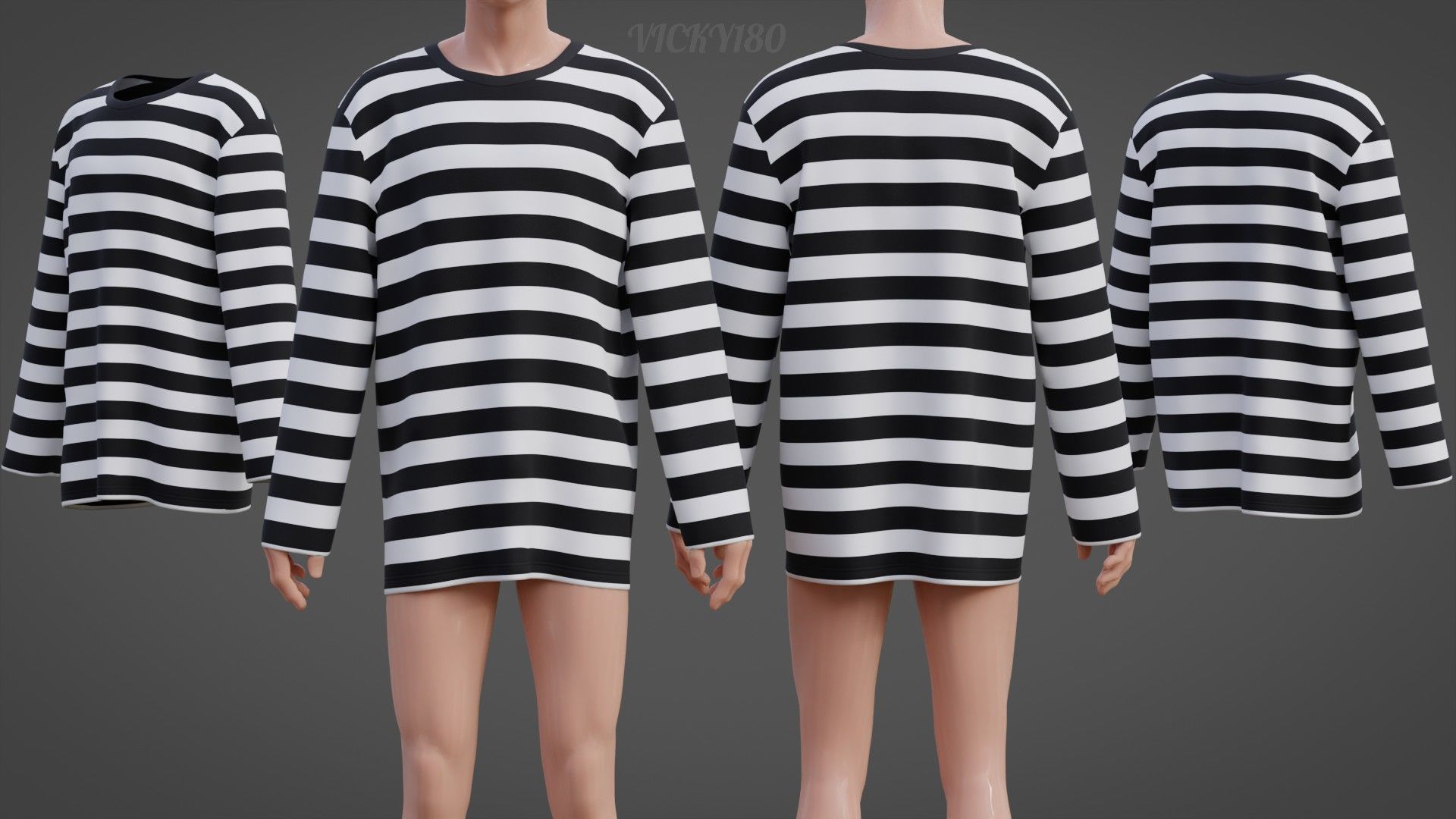 Male Oversized Harajuku Tee Shirt - Long-sleeved Stripes T-Shirt Low-poly 3D model_4