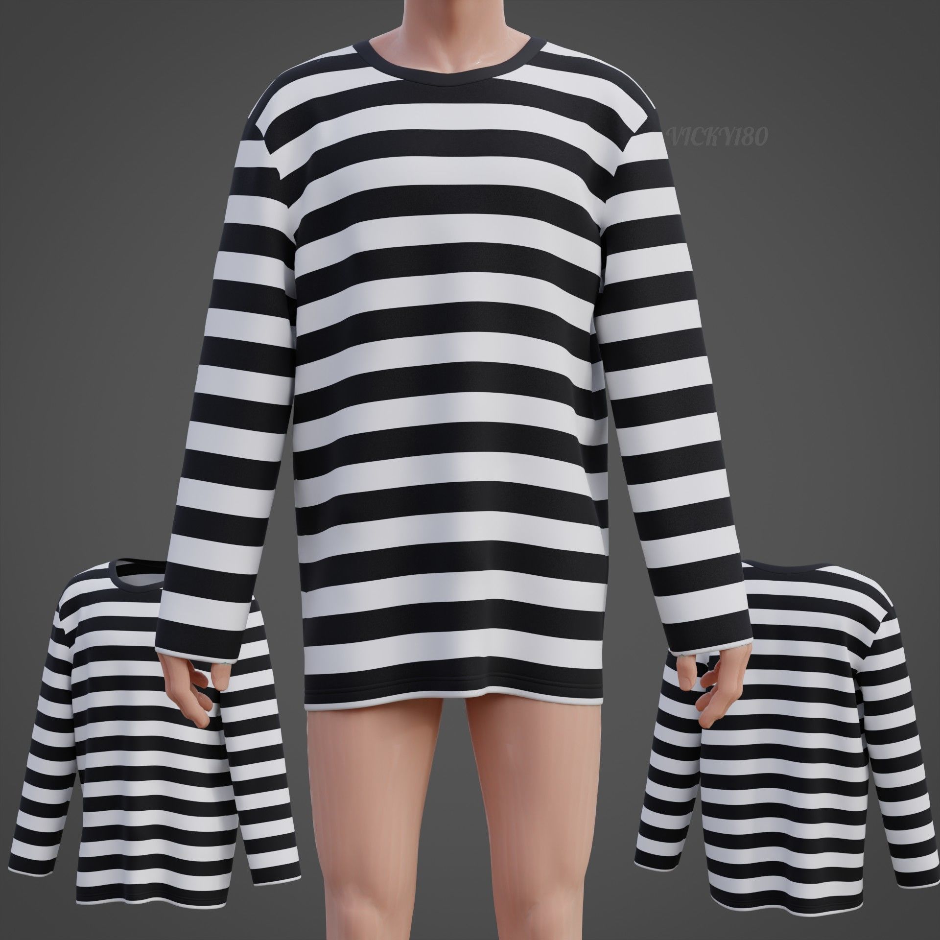 Male Oversized Harajuku Tee Shirt - Long-sleeved Stripes T-Shirt Low-poly 3D model_21