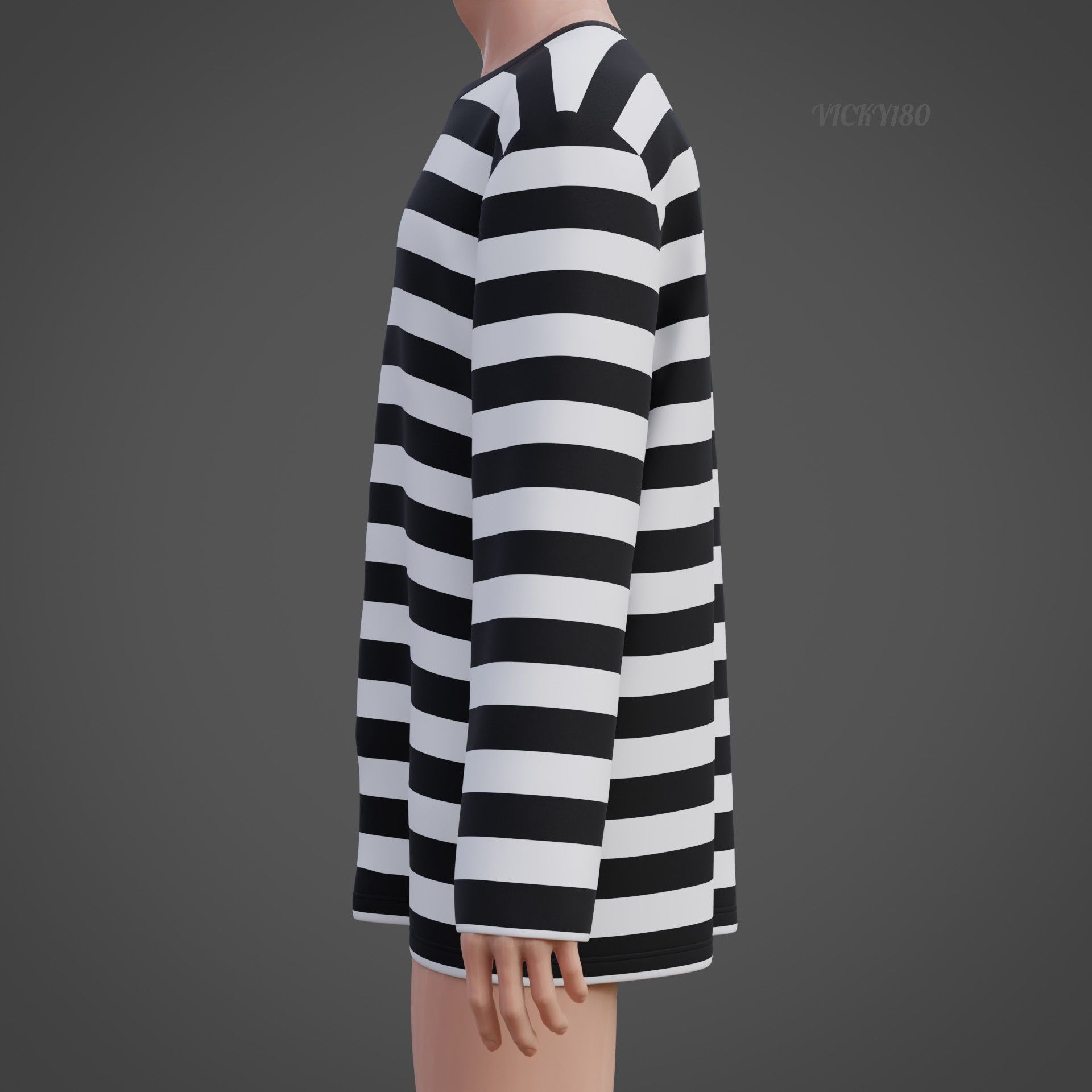 Male Oversized Harajuku Tee Shirt - Long-sleeved Stripes T-Shirt Low-poly 3D model_17