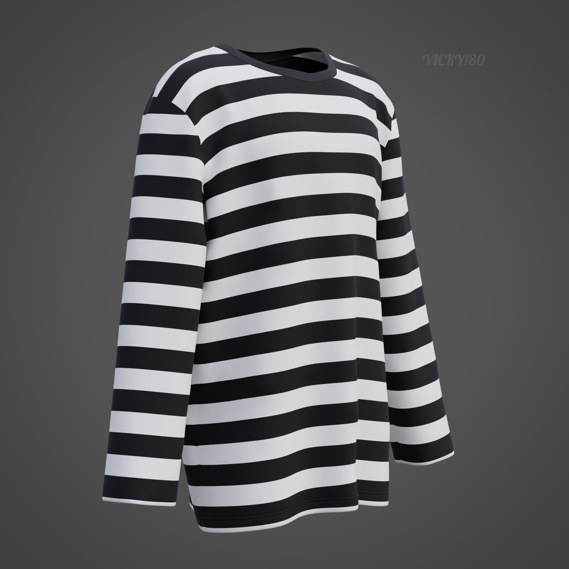 Male Oversized Harajuku Tee Shirt - Long-sleeved Stripes T-Shirt Low-poly 3D model_23