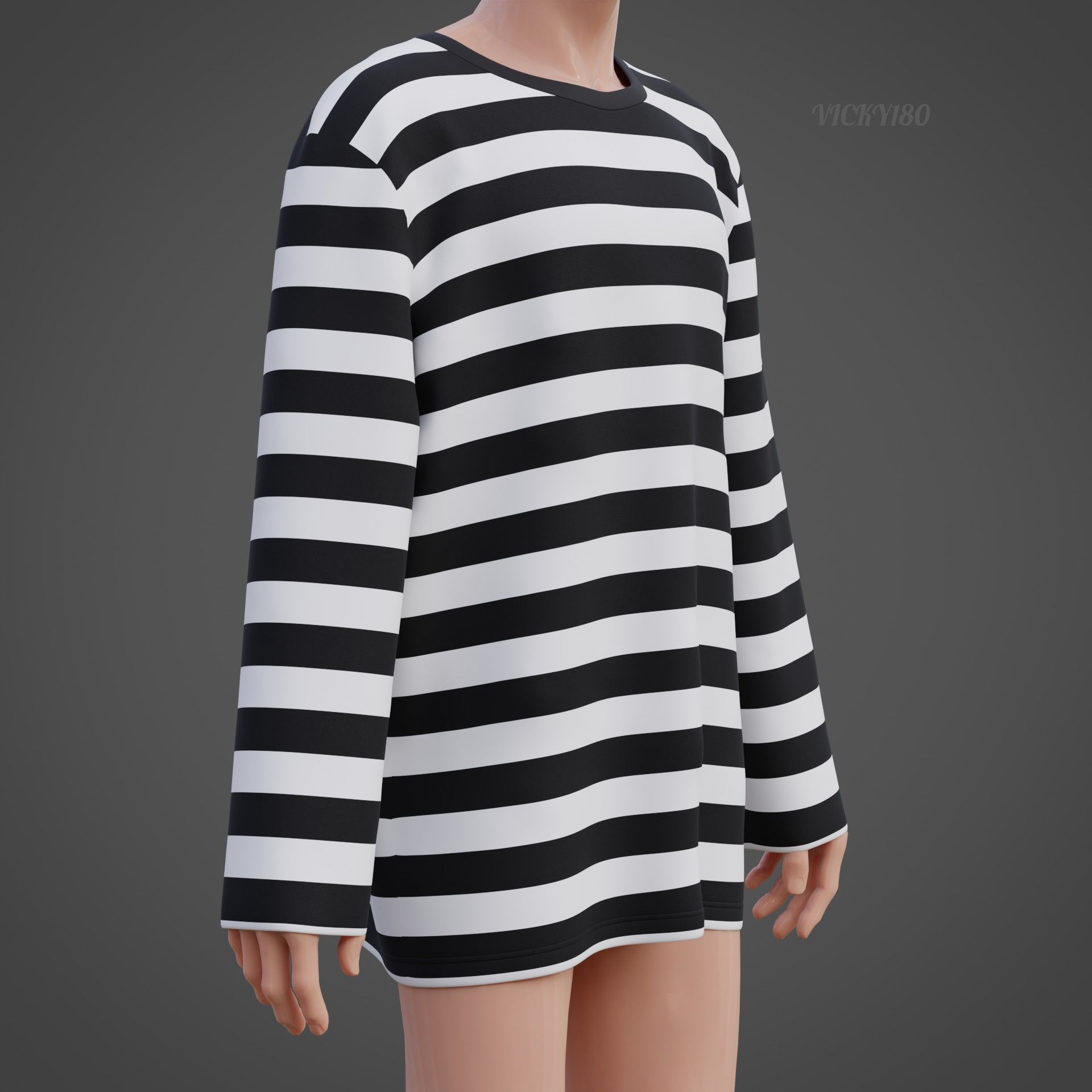 Male Oversized Harajuku Tee Shirt - Long-sleeved Stripes T-Shirt Low-poly 3D model_18