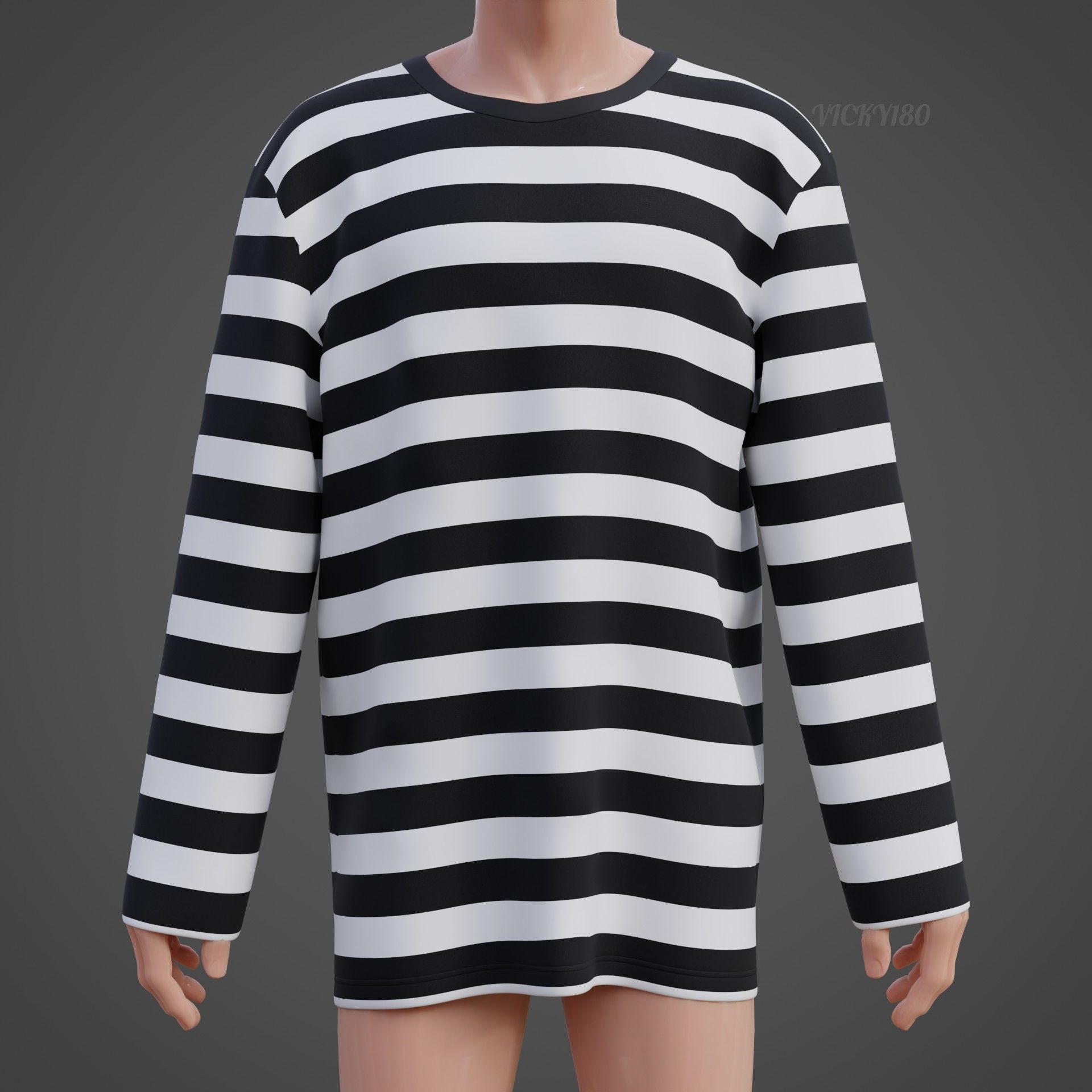 Male Oversized Harajuku Tee Shirt - Long-sleeved Stripes T-Shirt Low-poly 3D model_15