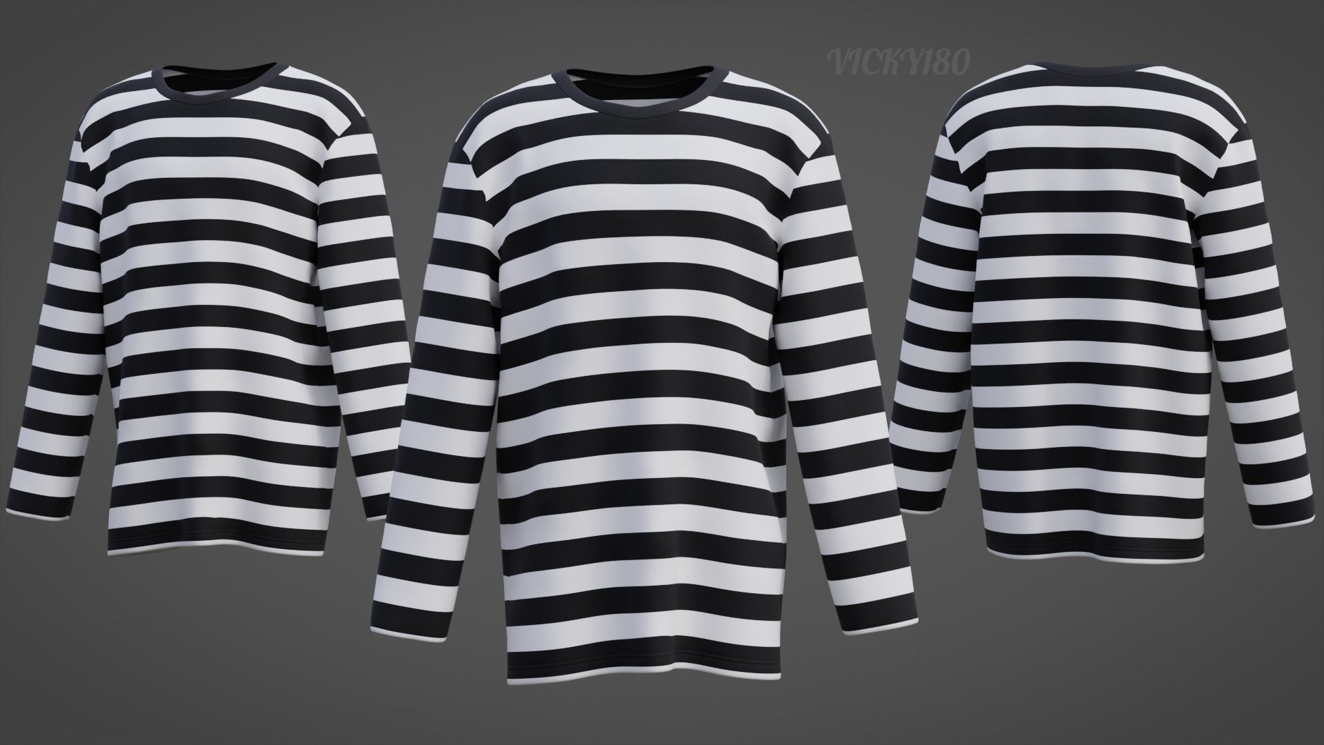 Male Oversized Harajuku Tee Shirt - Long-sleeved Stripes T-Shirt Low-poly 3D model_2