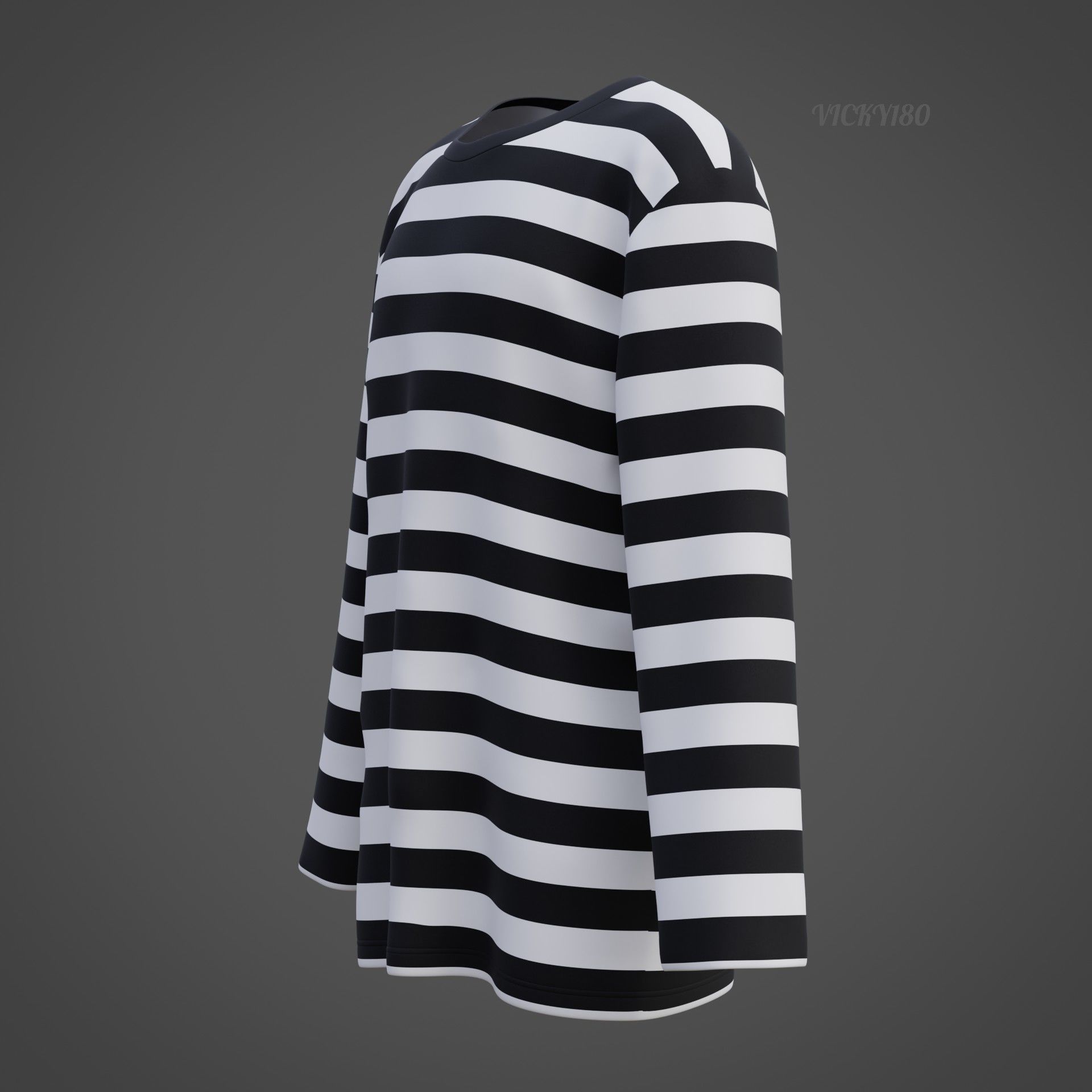 Male Oversized Harajuku Tee Shirt - Long-sleeved Stripes T-Shirt Low-poly 3D model_30