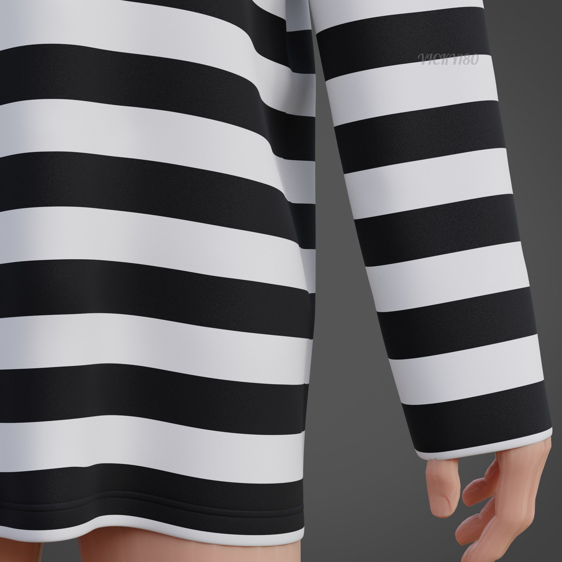 Male Oversized Harajuku Tee Shirt - Long-sleeved Stripes T-Shirt Low-poly 3D model_7