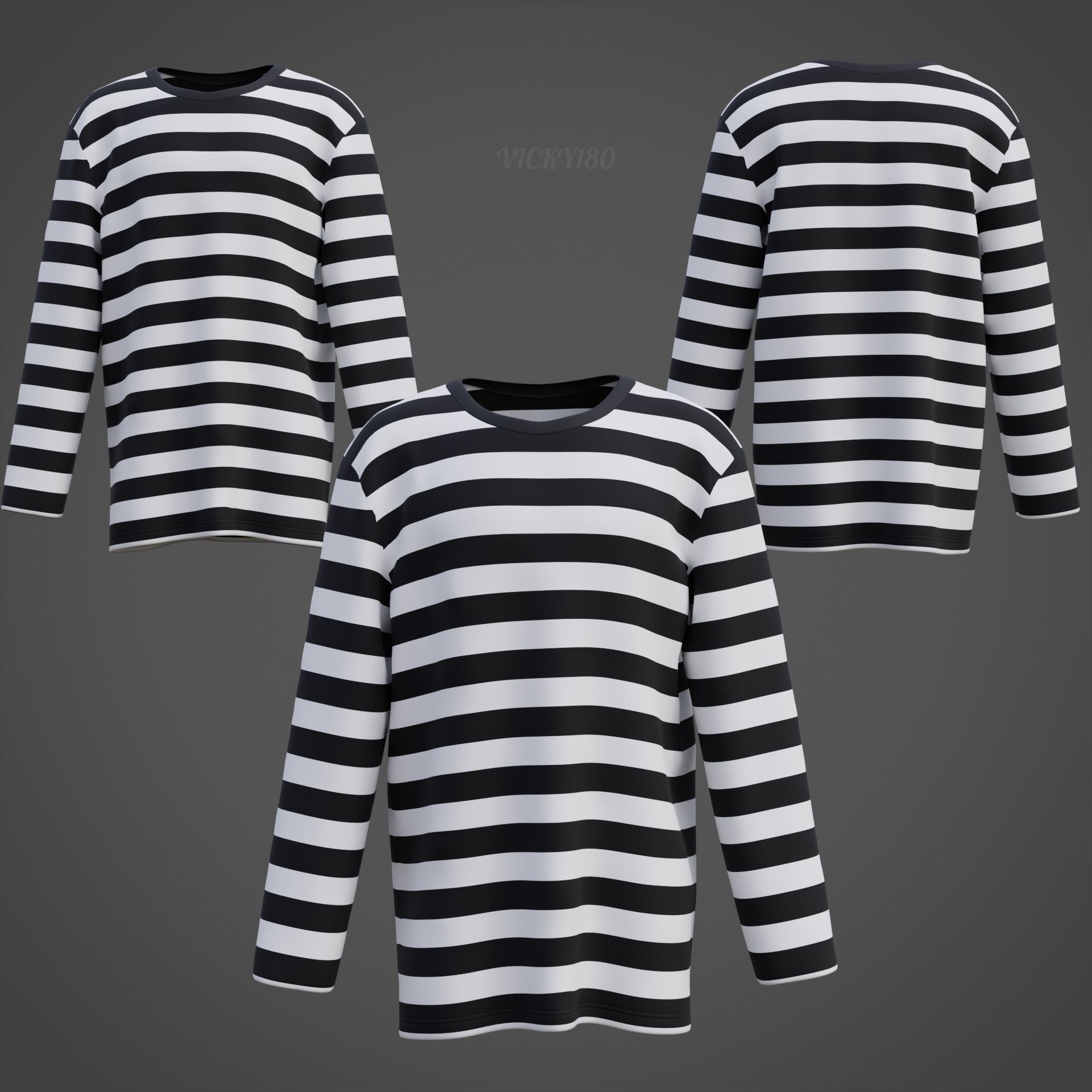 Male Oversized Harajuku Tee Shirt - Long-sleeved Stripes T-Shirt Low-poly 3D model_8
